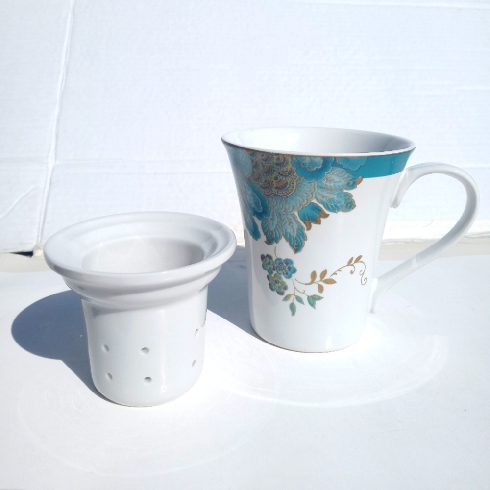 222 Fifth Eliza Spring Fine China Tea Cup Strainer Coffee Mug Teal Blue Floral